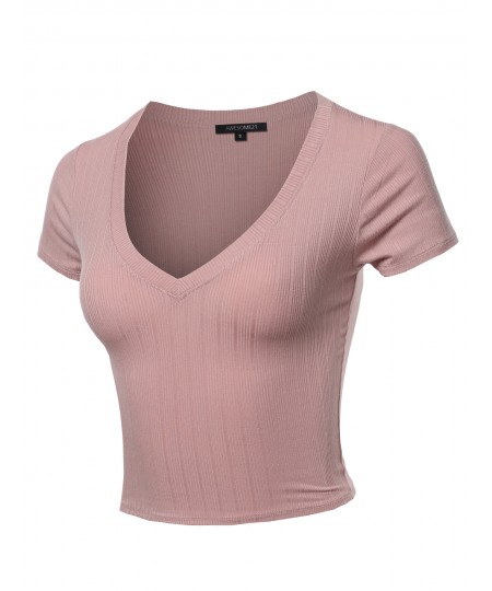 Women's Solid V Neck Short Sleeve Fitted Crop Top