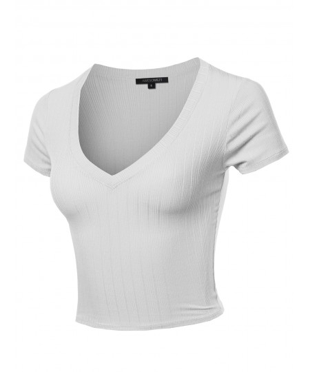 Women's Solid V Neck Short Sleeve Fitted Crop Top