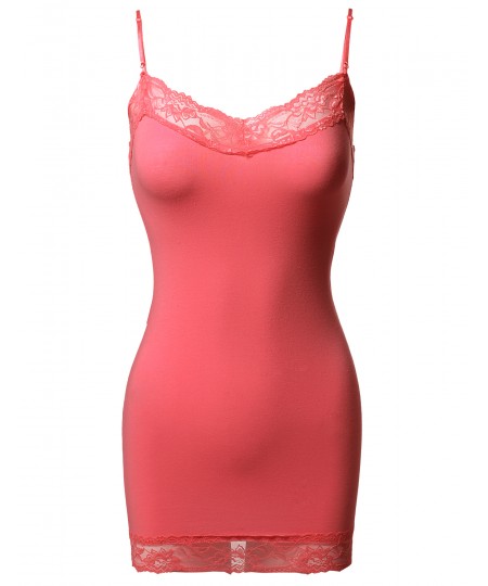 Women's Solid Soft Stretch Spaghetti Strap Lace Trim Tank Top 