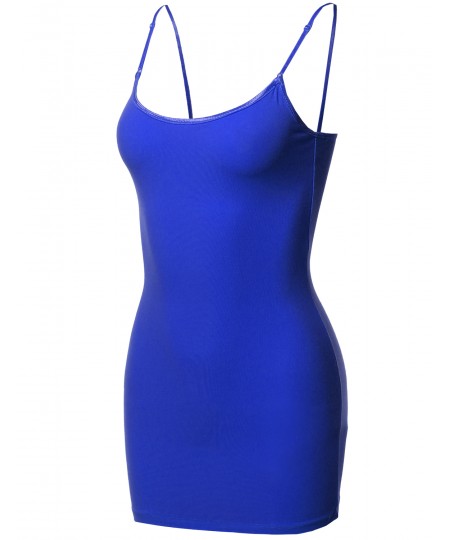 Women's Basic Solid Long Length Camisole Tank Top with Adjustable Straps