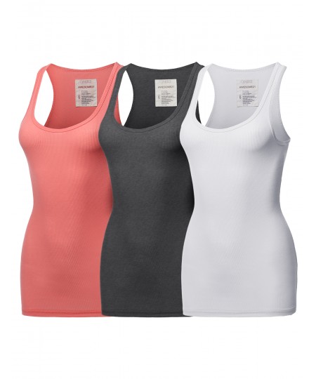 Women's Solid Basic Scoop Neck Racer-Back Ribbed Tank Top