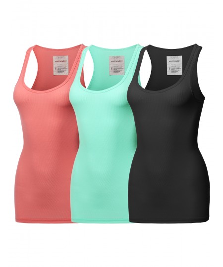 Women's Solid Basic Scoop Neck Racer-Back Ribbed Tank Top