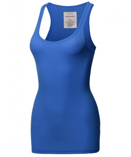 Women's Solid Basic Scoop Neck Racer-Back Ribbed Tank Top