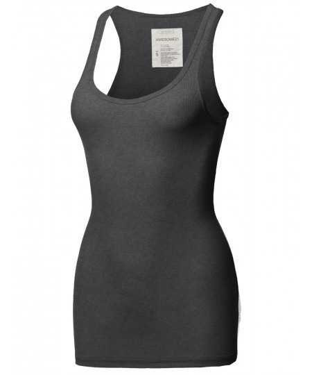 Women's Solid Basic Scoop Neck Racer-Back Ribbed Tank Top