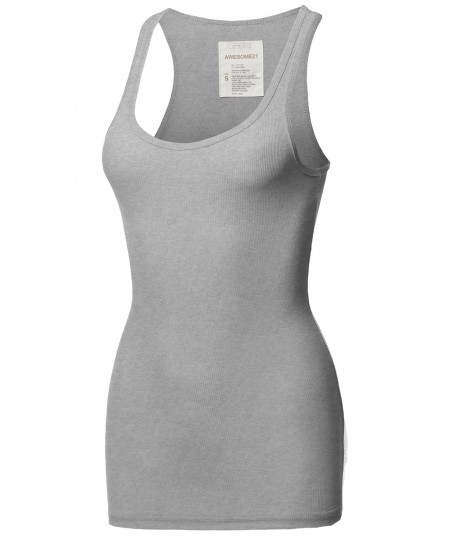 Women's Solid Basic Scoop Neck Racer-Back Ribbed Tank Top