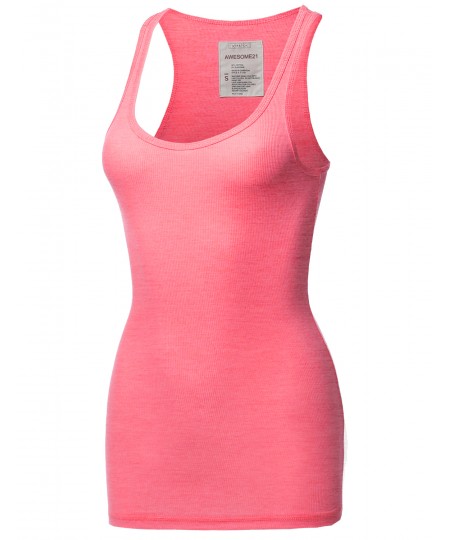 Women's Solid Basic Scoop Neck Racer-Back Ribbed Tank Top