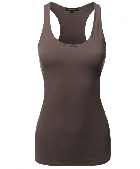 Women's Solid Basic Sleeveless Racer-Back Cotton Based Tank Top