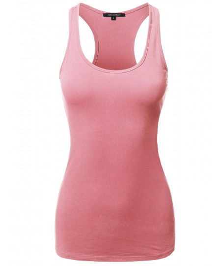 Women's Solid Basic Sleeveless Racer-Back Cotton Based Tank Top