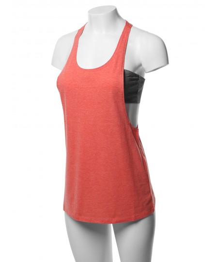 Women's Solid Heather Deep Racer-Back Dropped Armhole Yoga Fitness Tank Top