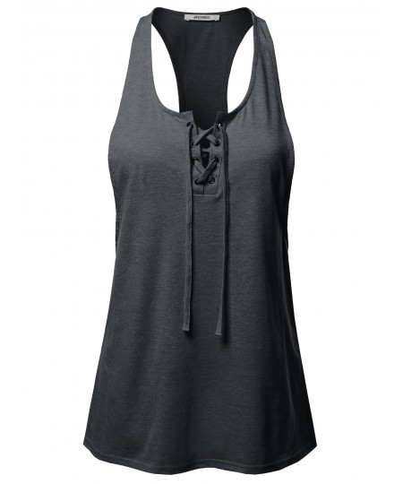 Women's Solid Heather Deep Racer-Back Lace Up Front Yoga Fitness Tank Top
