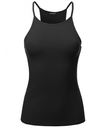 Women's Solid High Neck Racer-Back Ribbed Spaghetti Strap Tank Top