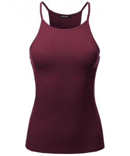 Women's Solid High Neck Racer-Back Ribbed Spaghetti Strap Tank Top