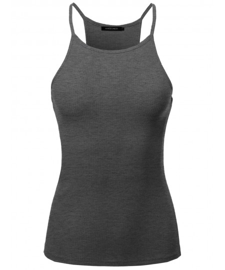 Women's Solid High Neck Racer-Back Ribbed Spaghetti Strap Tank Top