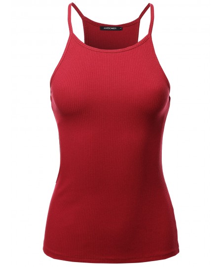 Women's Solid High Neck Racer-Back Ribbed Spaghetti Strap Tank Top