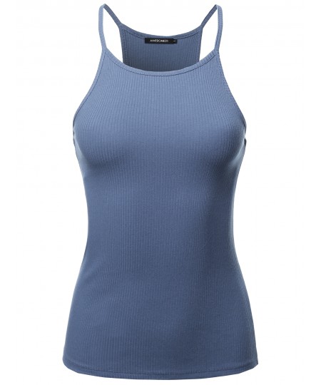 Women's Solid High Neck Racer-Back Ribbed Spaghetti Strap Tank Top