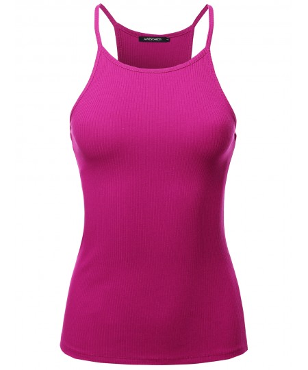 Women's Solid High Neck Racer-Back Ribbed Spaghetti Strap Tank Top