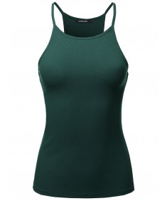 Women's Solid High Neck Racer-Back Ribbed Spaghetti Strap Tank Top