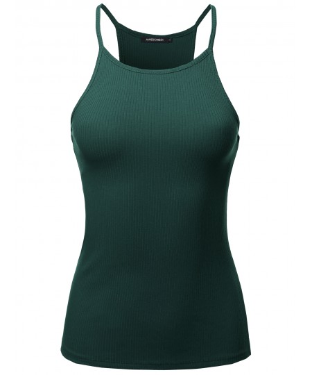 Women's Solid High Neck Racer-Back Ribbed Spaghetti Strap Tank Top