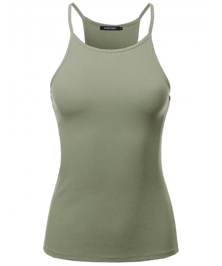 Women's Solid High Neck Racer-Back Ribbed Spaghetti Strap Tank Top