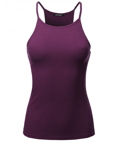 Women's Solid High Neck Racer-Back Ribbed Spaghetti Strap Tank Top