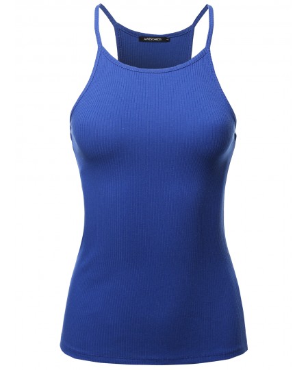 Women's Solid High Neck Racer-Back Ribbed Spaghetti Strap Tank Top