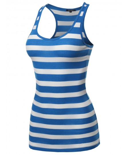 Women's Basic Stripe Ribbed Racer-back Tank Top