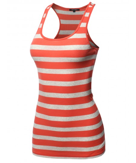 Women's Basic Stripe Ribbed Racer-back Tank Top