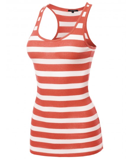 Women's Basic Stripe Ribbed Racer-back Tank Top