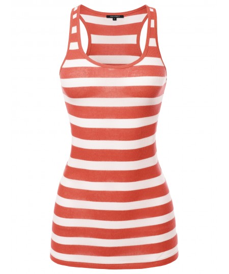 Women's Basic Stripe Ribbed Racer-back Tank Top