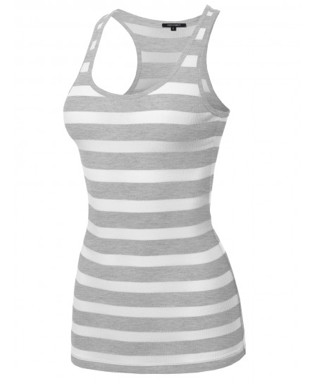 Women's Basic Stripe Ribbed Racer-back Tank Top