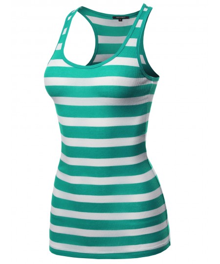 Women's Basic Stripe Ribbed Racer-back Tank Top