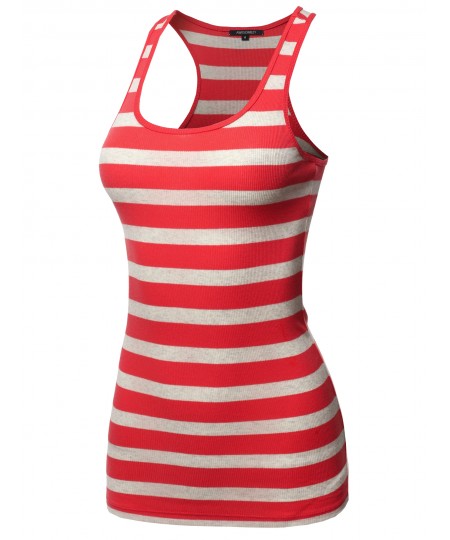 Women's Basic Stripe Ribbed Racer-back Tank Top