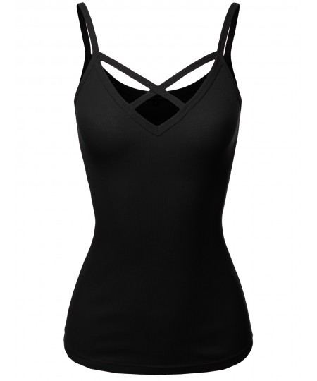 Women's Solid Ribbed Crisscross Front Spaghetti Strap Cotton Tank Top
