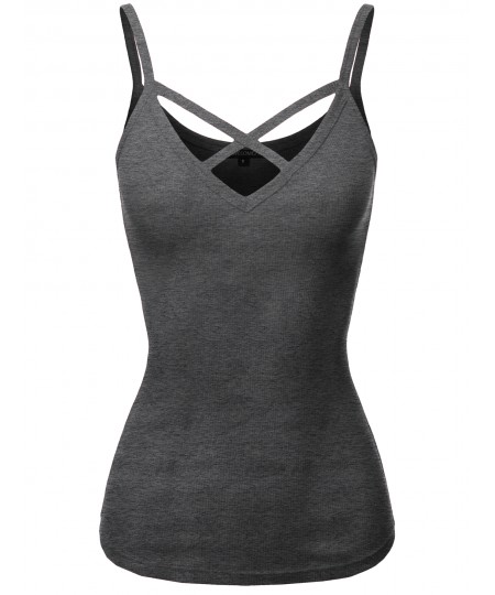 Women's Solid Ribbed Crisscross Front Spaghetti Strap Cotton Tank Top