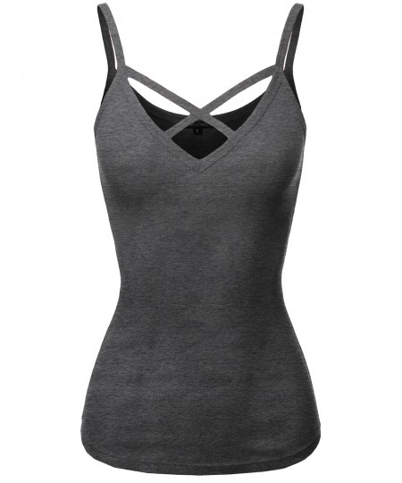 Women's Solid Ribbed Crisscross Front Spaghetti Strap Cotton Tank Top