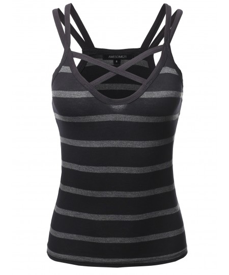 Women's Casual Striped Crisscross Spaghetti Strap Tank Top