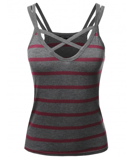 Women's Casual Striped Crisscross Spaghetti Strap Tank Top