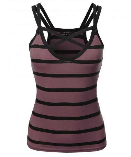 Women's Casual Striped Crisscross Spaghetti Strap Tank Top