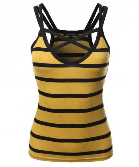 Women's Casual Striped Crisscross Spaghetti Strap Tank Top