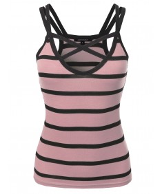 Women's Casual Striped Crisscross Spaghetti Strap Tank Top