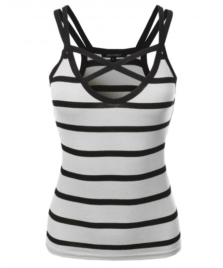 Women's Casual Striped Crisscross Spaghetti Strap Tank Top