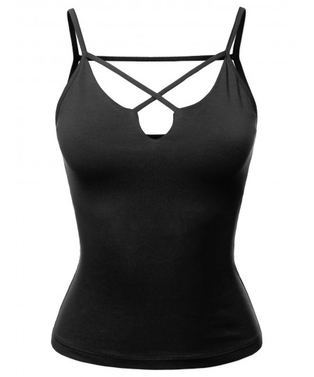 Women's Fitted Cotton Based Cross Caged Strap Double Layered Crop Tank Top