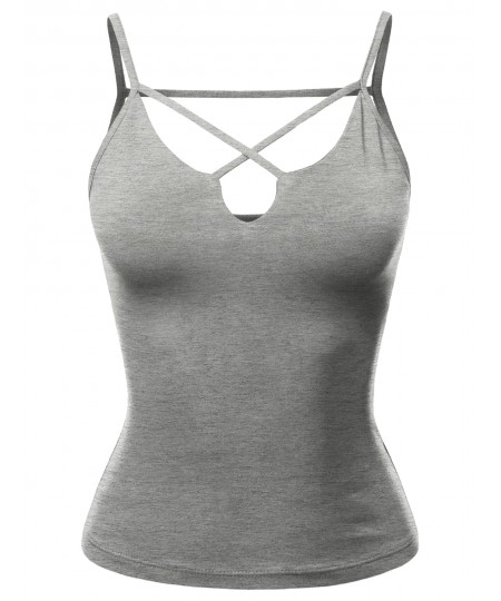 Women's Fitted Cotton Based Cross Caged Strap Double Layered Crop Tank Top