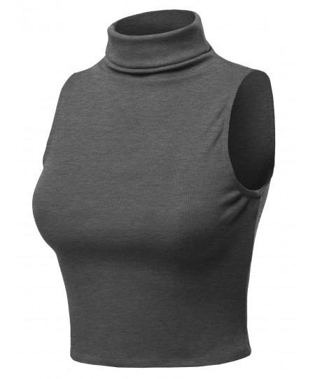 Women's Solid Sleeveless Ribbed Turtle Neck Top