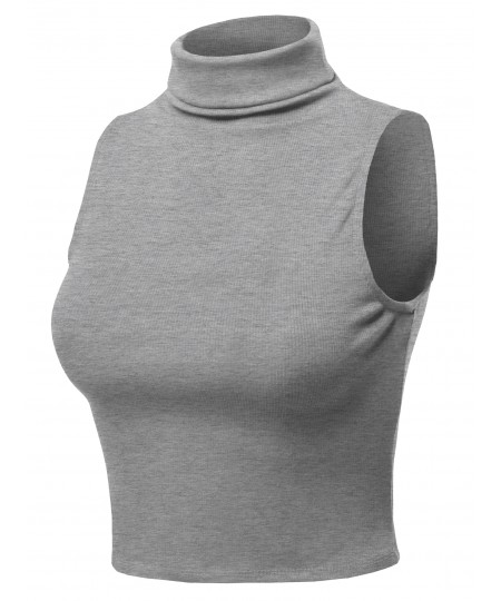 Women's Solid Sleeveless Ribbed Turtle Neck Top