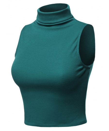 Women's Solid Sleeveless Ribbed Turtle Neck Top