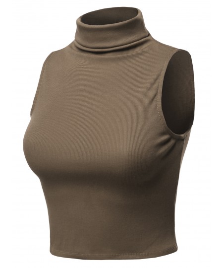 Women's Solid Sleeveless Ribbed Turtle Neck Top