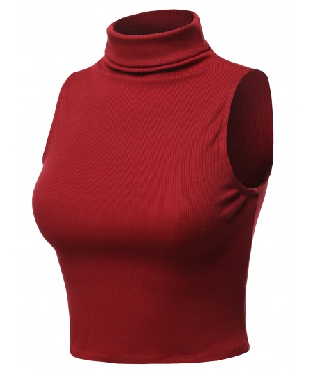 Women's Solid Sleeveless Ribbed Turtle Neck Top