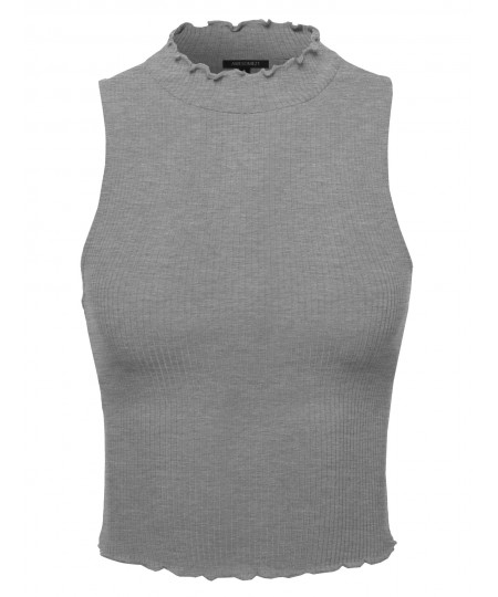 Women's Solid Merrow Edge Sleeveless Mock Neck Crop Top