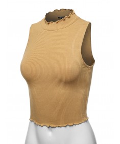 Women's Solid Merrow Edge Sleeveless Mock Neck Crop Top